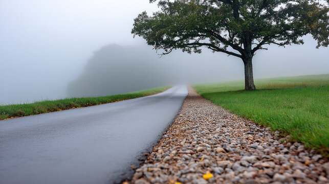 Foggy road with poor visibility wet asphalt green grass tree gravel path autumn outdoor tranquil countryside morning