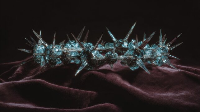Intricate, crystalline circlet with sharp, pointed projections sits on a textured, deep-red cloth. The lighting adds shadow