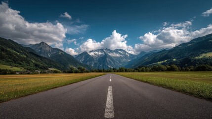 Fototapeta premium A long road stretches through a lush green valley under a clear blue sky. Majestic mountains tower in the background creating a breathtaking landscape scene.