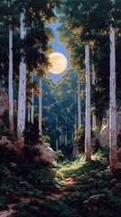 Moonlit Forest Path Illuminated by Full Moon