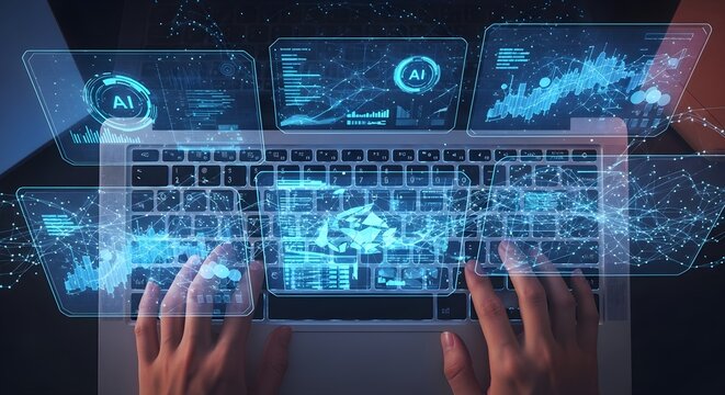 AI-powered data analysis on laptop: Hands interacting with futuristic holographic interface for digital innovation. - Powered by Adobe