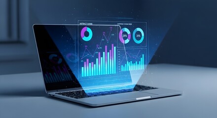 Modern Laptop Projecting Holographic Business Analytics, Financial Data Visualization, and Performance Metrics for Strategic Planning and Digital Transformation