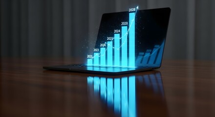 Laptop showing glowing blue bar graph with upward trend line, symbolizing business growth, financial success, and future projections.
