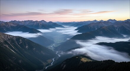 A scenic landscape featuring a mountain range, a river, and clouds at dawn. The image captures the natural beauty of the mountains and the serene atmosphere of