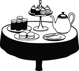 Vector illustration set of hot coffee and tea cups with cake on a vintage cafe table design
