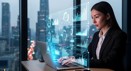 Professional woman analyzing big data with futuristic holographic interface on laptop. AI, business intelligence, global technology.