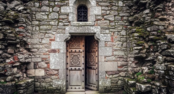 An open wooden door in a stone wall, showcasing architectural detail and a sense of history. The doorway is framed by weathered stone, creating a rustic and inv - Powered by Adobe