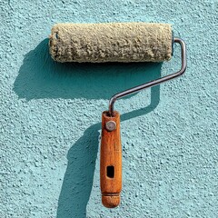 Paint Roller on Textured Blue Wall