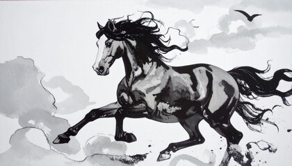 A brush-drawn ink painting of a horse in motion　筆で描いた躍動する馬の墨絵