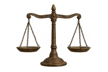Vintage brass scales of justice symbolizing law, equality, and balanced decision-making, isolated on transparent background
