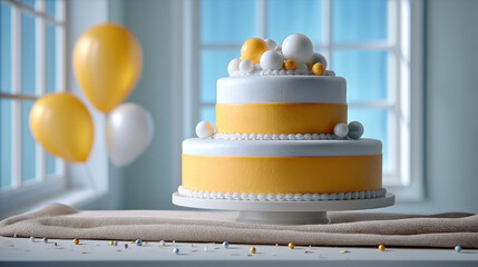 Two tier birthday cake with yellow and white fondant, decorative spheres, festive mood, balloons in background, sunlight through window