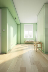 Minimalist Interior Corridor with Soft Green Walls and Natural Sunlight