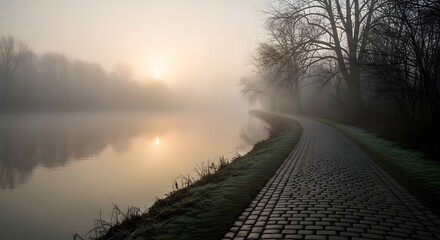 Warm hazy tones covering a calm riverside