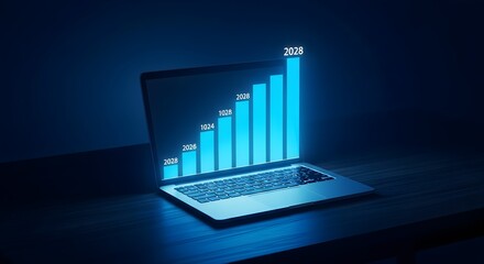 Digital business growth concept: Glowing bar graph emerging from laptop screen, symbolizing future financial success