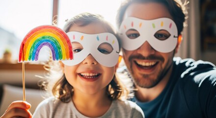 Loving father and daughter sharing a happy moment with handmade masks and rainbow