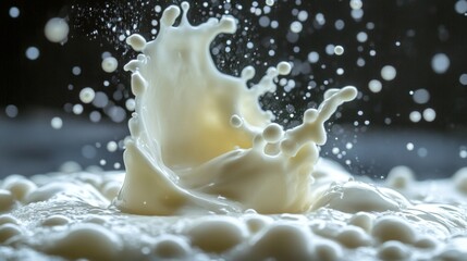 Milk pours into a foamy bowl, creating a refreshing backdrop for advertising dairy products or cooking recipes.