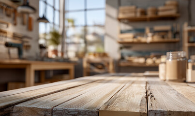 Wooden workbench surface in bright carpentry workshop