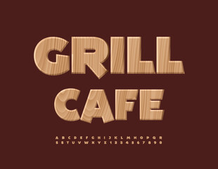 Vector Creative board Grill Cafe. Bright Wooden Font. Tree Textured Alphabet Letters and Numbers set.