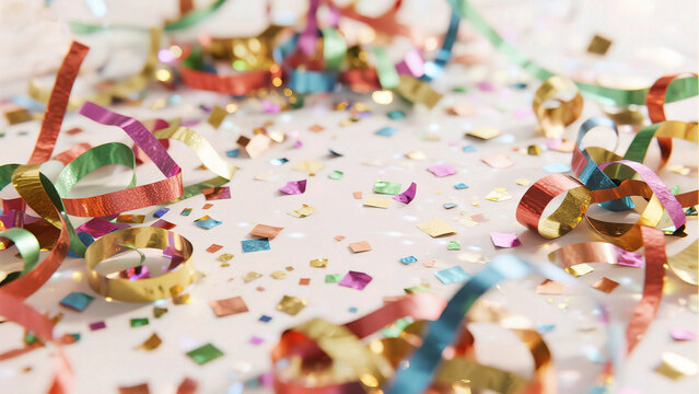Colorful confetti and streamers on surface