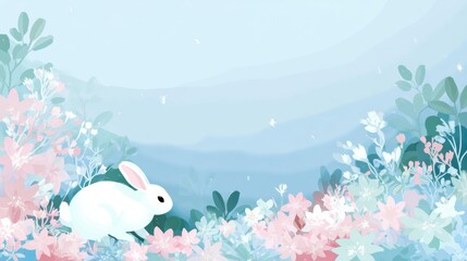 Obraz premium Rabbit in a Blooming Meadow Represents Spring and New Life With a Wide Background and Pastel Light on a Calm Day