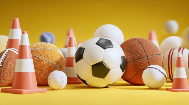 A variety of sports balls including soccer basketball and tennis are surrounded by colorful cones on a yellow background creating a vibrant atmosphere for playtime.