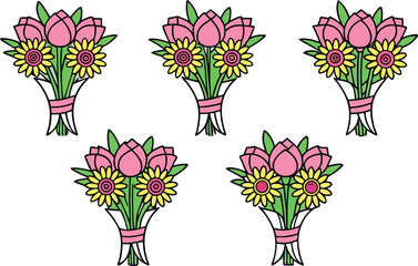 Happy Birthday Flowers Set in Outline Strokes. Birthday Flower Elements in Clean Outline. Floral Birthday Set in Thin Outline. Birthday Flowers Collection in Line Strokes. Birthday Floral Set in Smoot