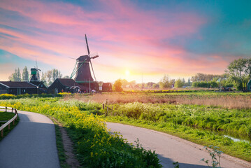 winding path leading to windmill under bright sky with flowering verge and manicured meadow, warm sunlight bathing traditional