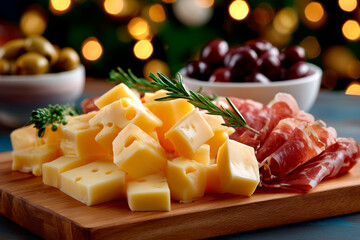 Christmas holiday cheese and charcuterie board serving appetizers