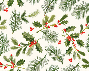 A seamless pattern of green pine and holly branches with red berries