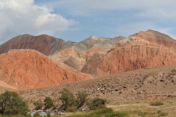View of colorful mountains in Kekemeren river canyon. Naryn region. Kyrgyzstan. Asia.