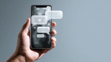 Hand holding a smartphone displaying floating text bubbles representing a messaging conversation, grey backdrop