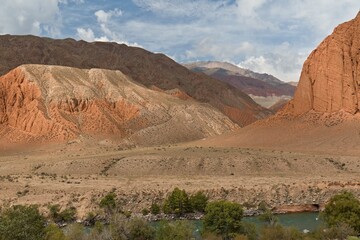 View of colorful mountains in Kekemeren river canyon.  Kyrgyzstan. Asia.