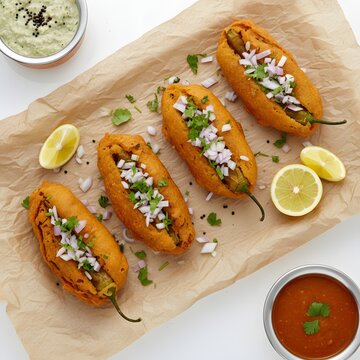 Four spicy mirchi bajji or chili fritters stuffed with onion and herbs, served on brown parchment paper with lemon slice, green chutney, and tamarind sauce for a delicious indian snack