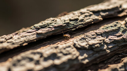 Ant crawling on bark of tree log in natural outdoor setting