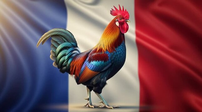 Cinematic French Rooster With Waving France Flag Background