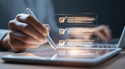 Person using stylus on tablet with checklist hand digital