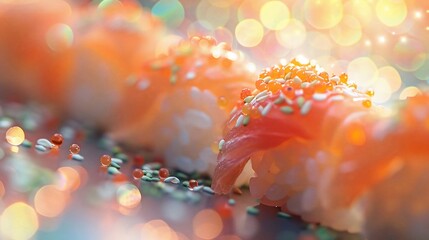Delicious salmon sushi, festive bokeh background, restaurant setting, food photography for menus