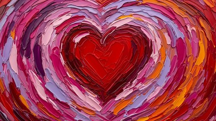 Abstract heart painting in vibrant colors conveys love passion and romance through thick brushstrokes creating texture and depth suitable for Valentines Day or romantic themes
