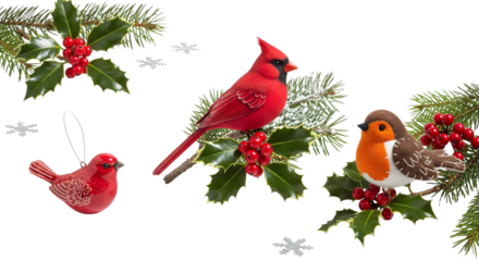 Christmas Birds with Holly and Snowflakes on Black