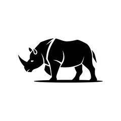 Fototapeta premium Silhouette illustration of a rhinoceros standing, showcasing its powerful build and prominent horn, set against a clean white background.