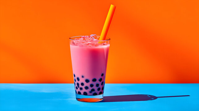 Pink bubble tea with tapioca pearls and ice a refreshing drink