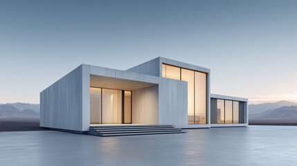 Modern Minimalist Concrete House with Water Reflection and Mountain Backdrop