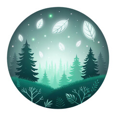 Serene forest scene with glowing leaves floating against transparent background creates magical atmosphere. lush greenery and tall trees evoke