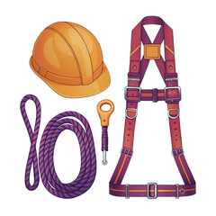 Safety gear includes hard hat, harness, carabiner, and rope, all designed for protection in hazardous environments with transparent background