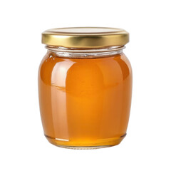 Clear jar filled with golden honey sits against transparent background, showcasing its rich color and smooth texture