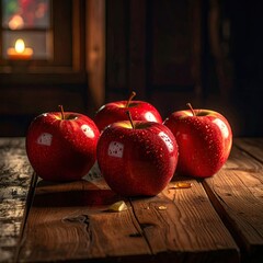 Four vibrant red apples, glistening with water droplets, sit on a rustic wooden table in a dimly lit room.  A warm light highlights the apples, showcasing their rich color