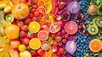 Fototapeta premium A bright and healthy selection of fresh fruits and berries, showing a fascinating range of natural colors for balanced nutrition and healthy eating.