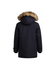 Dark blue winter parka jacket with fur trimmed hood © Rabeya