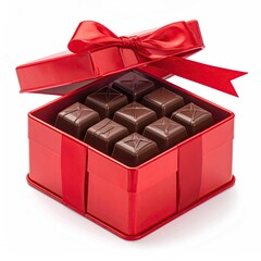 A red gift box, open, filled with dark chocolate squares.  A red ribbon bows atop the lid