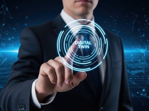 Businessman pressing glowing digital twin interface button with futuristic network background